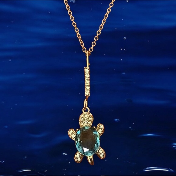 Gold Turtle Pendant Necklace with Aqua Blue Gemstone. NWT - Picture 3 of 6